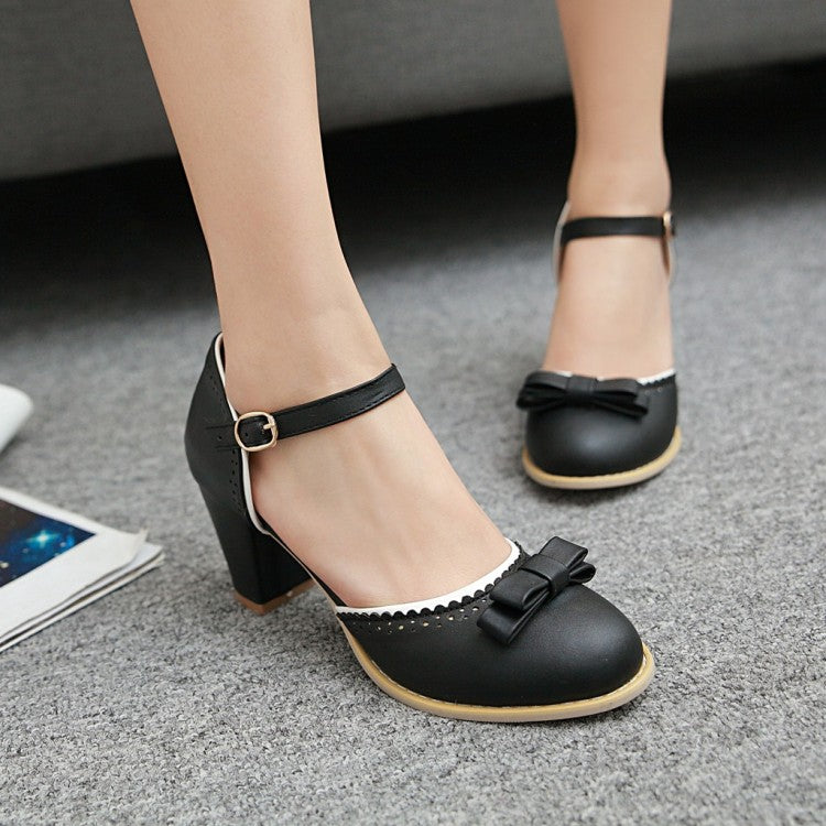 Woman Hollow Out Butterfly Knot Ankle Strap Block Heel Sandals