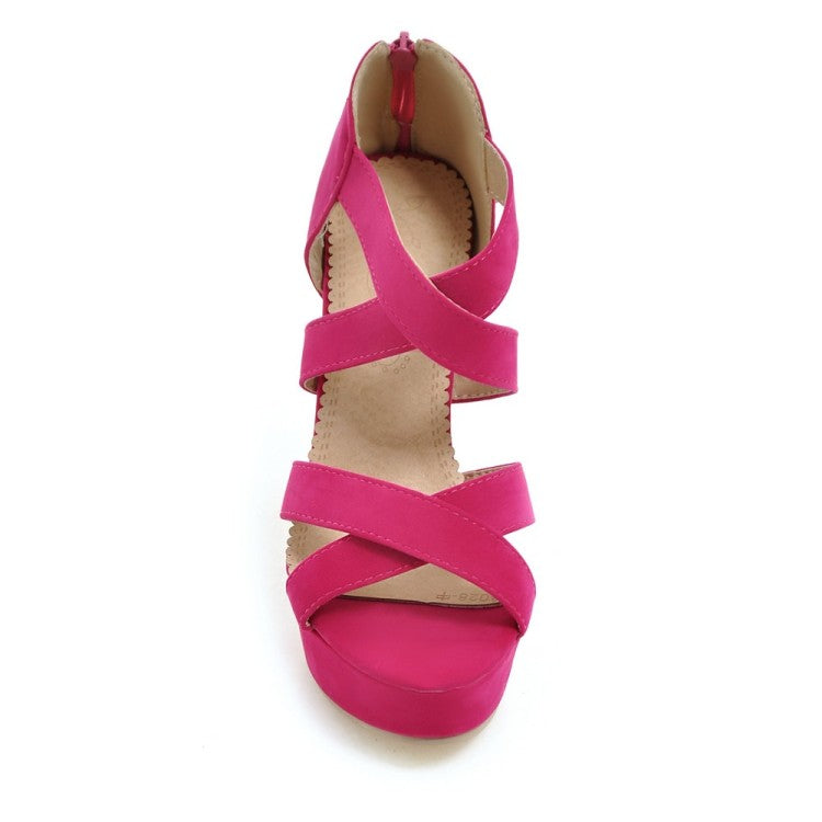 Women Solid Color Cross Strap Ankle Wrap High Heel Platform Sandals