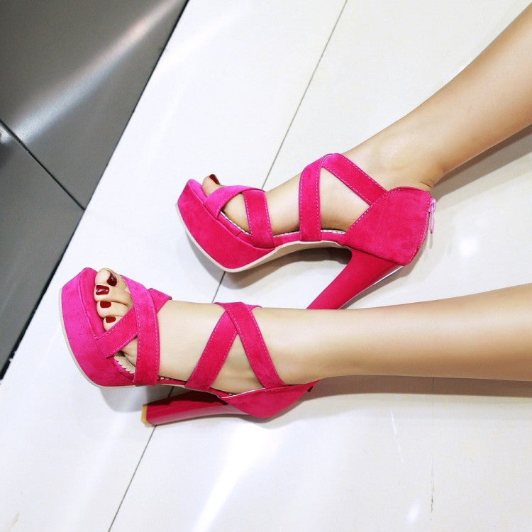 Women Solid Color Cross Strap Ankle Wrap High Heel Platform Sandals