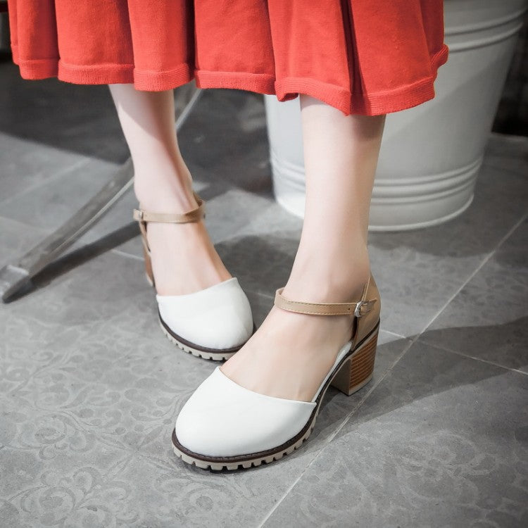 Woman Color Block Round Toe Ankle Strap Block Heel Sandals