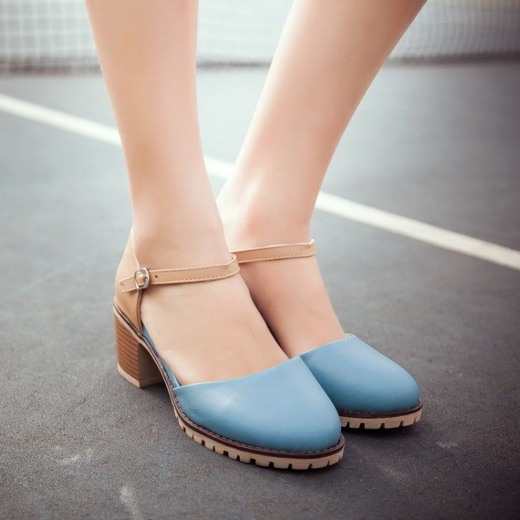 Woman Color Block Round Toe Ankle Strap Block Heel Sandals