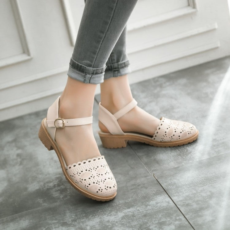 Woman Ruffles Hollow Out Round Toe Ankle Strap Chunky Heel Sandals