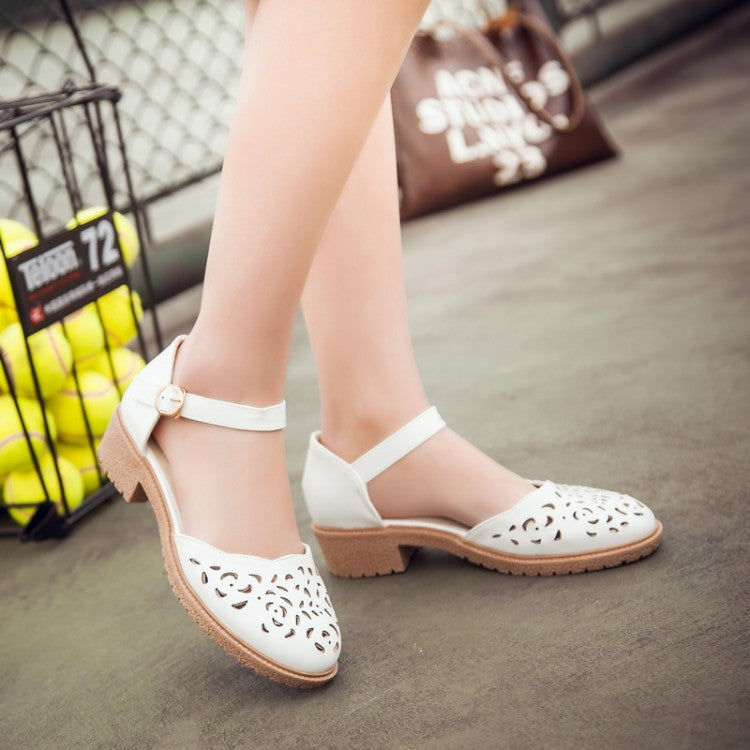 Woman Round Toe Hollow Out Ankle Strap Block Heel Sandals