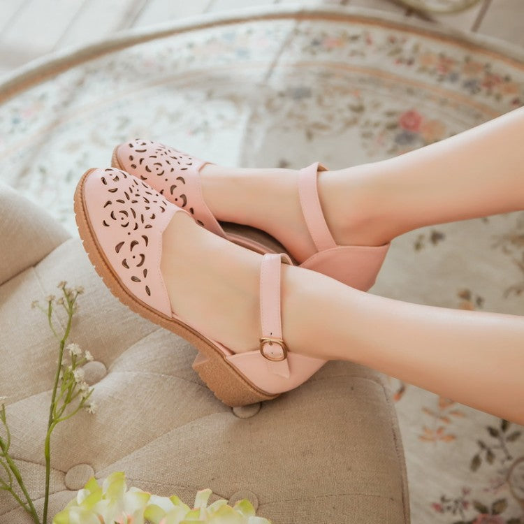 Woman Round Toe Hollow Out Ankle Strap Block Heel Sandals