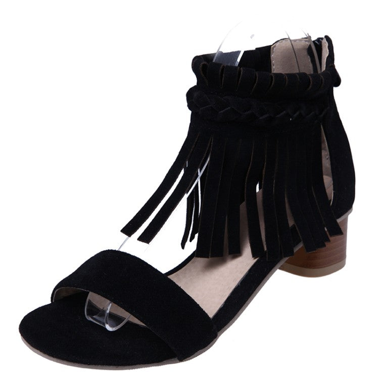 Women Woven Tassel Ankle Strap Block Heel Sandals