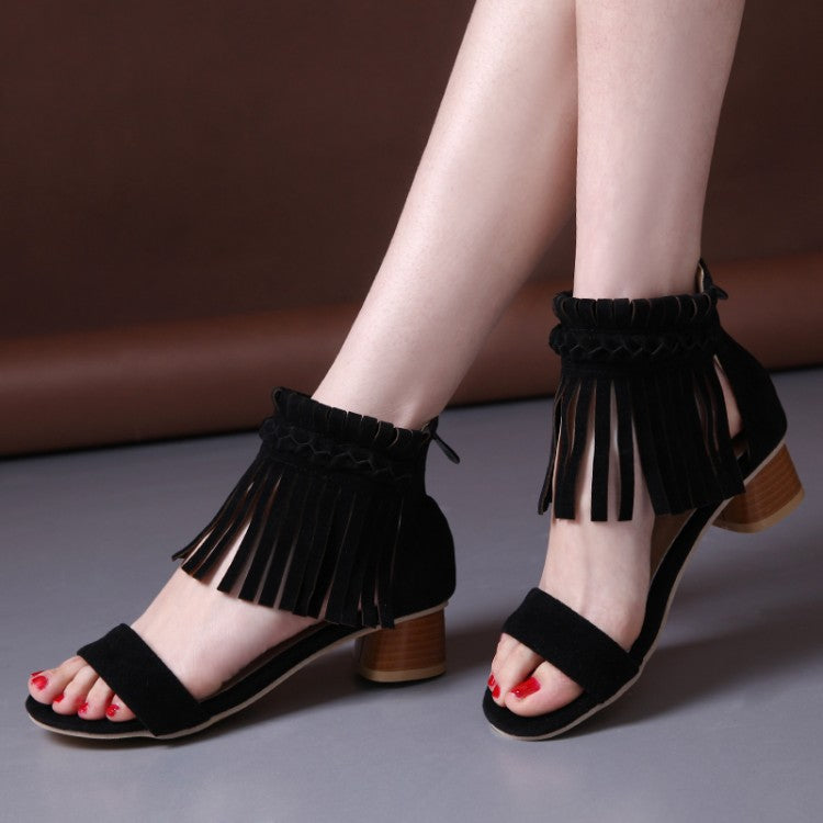 Women Woven Tassel Ankle Strap Block Heel Sandals