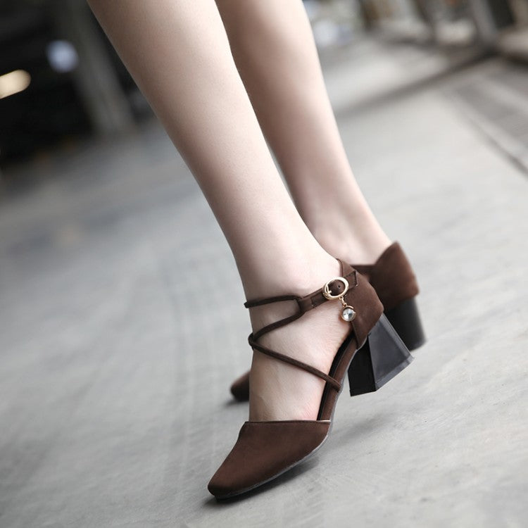 Women Solid Color Rhinestone Ankle Strap Block Heel Sandals