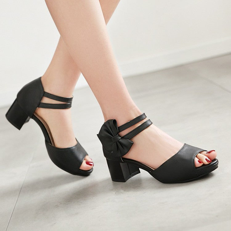 Women Solid Color Peep Toe Ankle Strap Butterfly Knot Block Heels Sandals