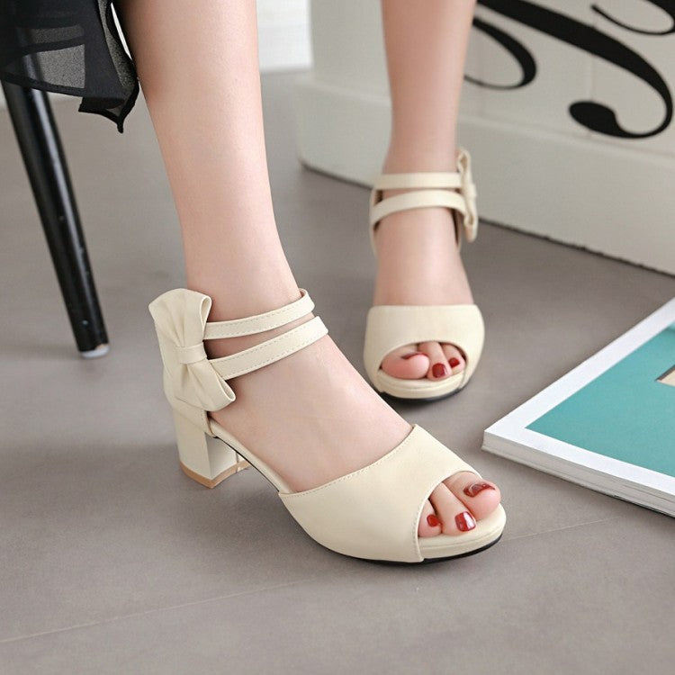 Women Solid Color Peep Toe Ankle Strap Butterfly Knot Block Heels Sandals
