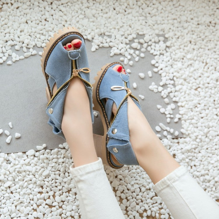 Woman Denim Peep Toe Hollow Out Chunky Heel Platform Sandals