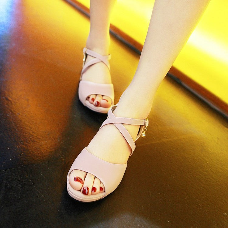 Women Solid Color Cross Ankle Strap Block Heels Sandals