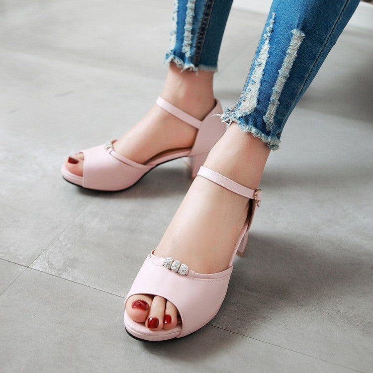 Women Solid Color Peep Toe Rhinestone Ankle Strap Block Heels Sandals