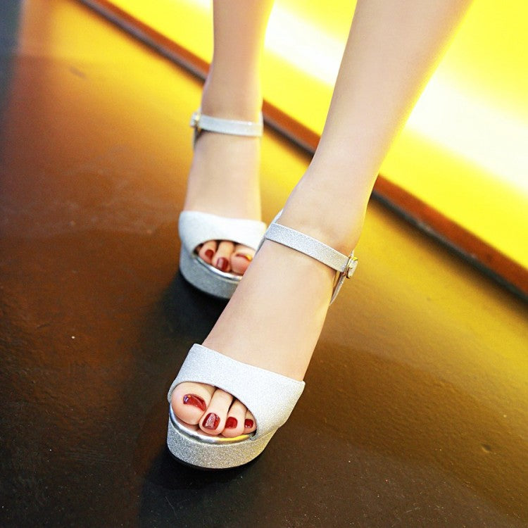 Woman Sparkling Peep Toe Ankle Strap Buckle Platform Chunky Heel Sandals