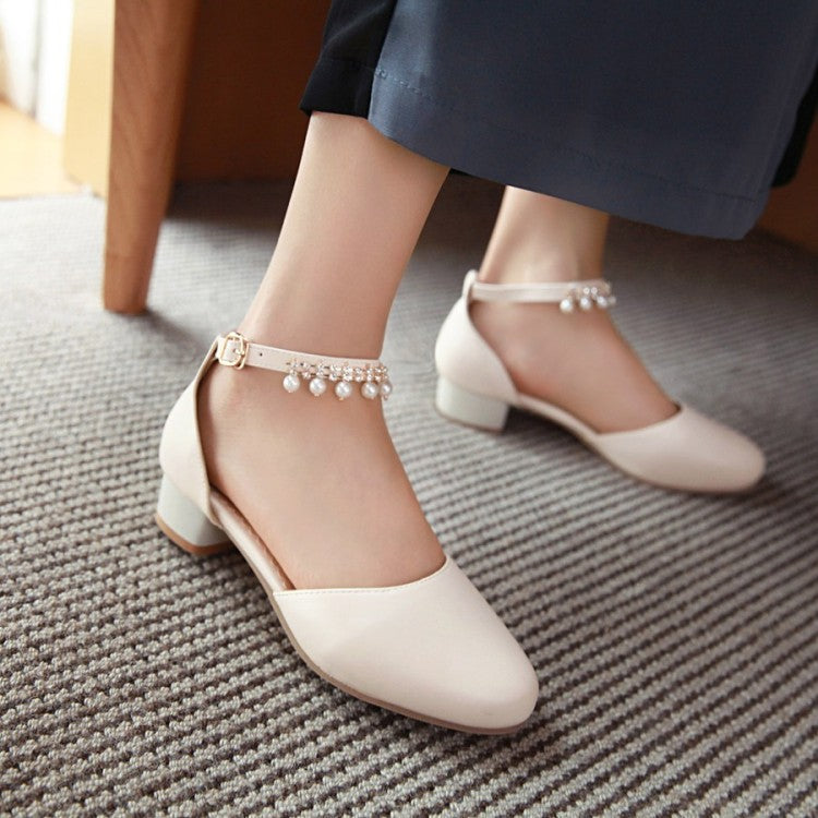 Women Solid Color Round Toe Hollow Out Pearls Ankle Strap Block Heel Low Heels Sandals