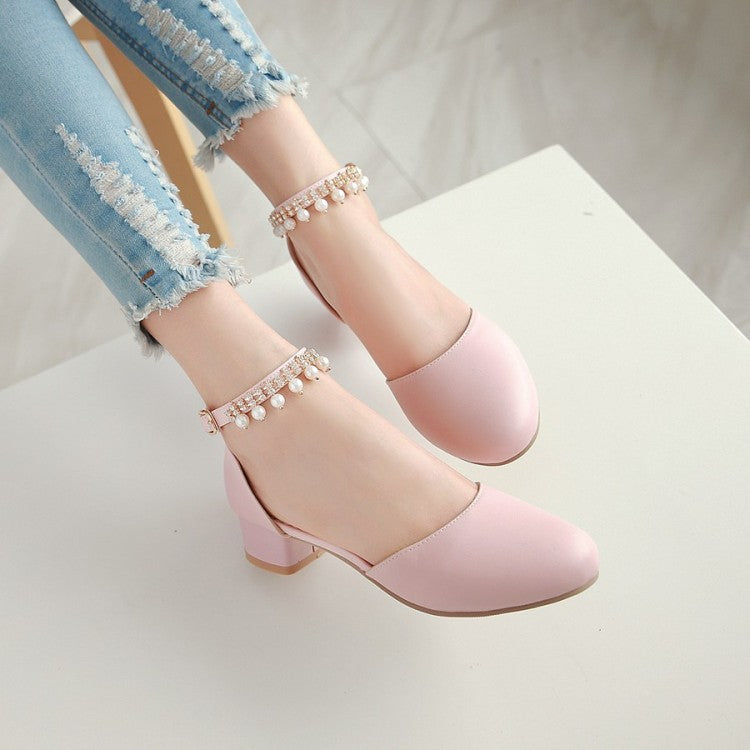 Women Solid Color Round Toe Hollow Out Pearls Ankle Strap Block Heel Low Heels Sandals