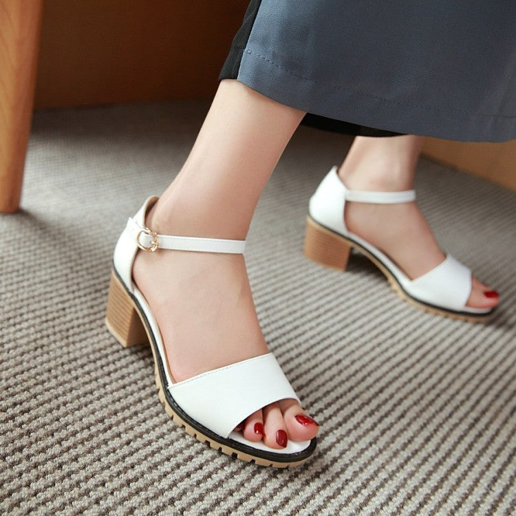 Women Solid Color Peep Toe Ankle Strap Block Heel Low Heels Sandals