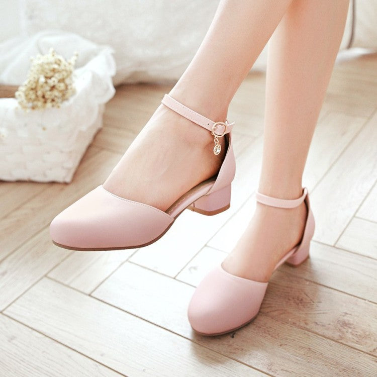 Women Solid Color Round Toe Block Heel Low Heels Sandals