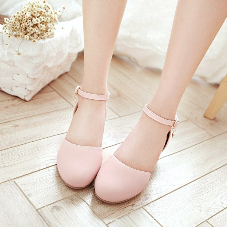 Women Solid Color Round Toe Block Heel Low Heels Sandals