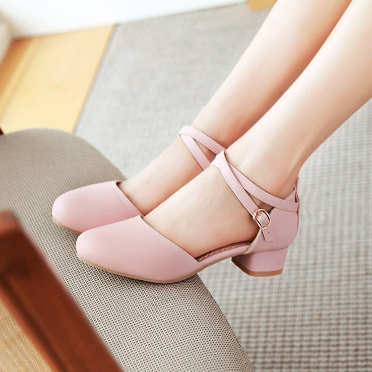 Women Solid Color Hollow Out Ankle Strap Round Toe Block Heel Low Heels Sandals