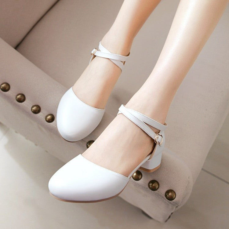 Women Solid Color Hollow Out Ankle Strap Round Toe Block Heel Low Heels Sandals