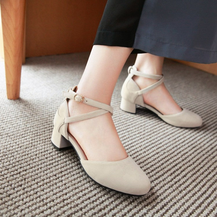 Women Suede Solid Color Round Toe Cross Strap Block Heel Sandals