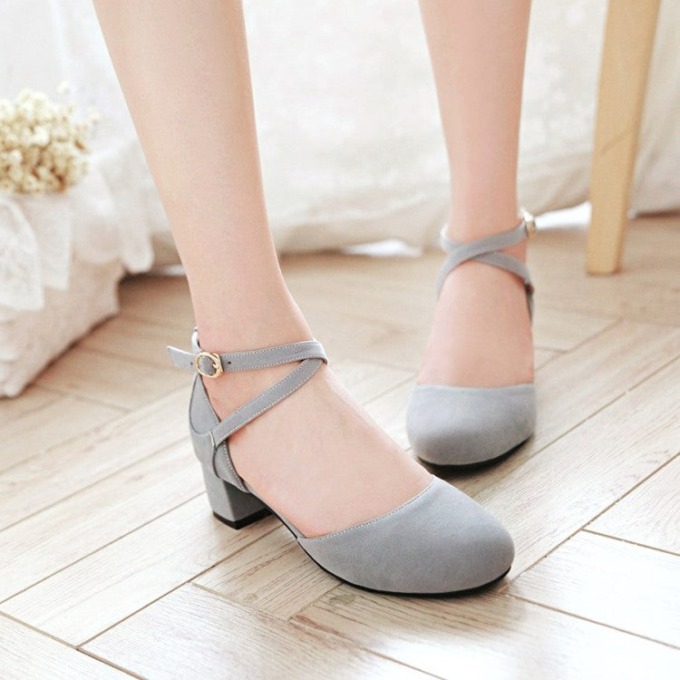 Women Suede Solid Color Round Toe Cross Strap Block Heel Sandals