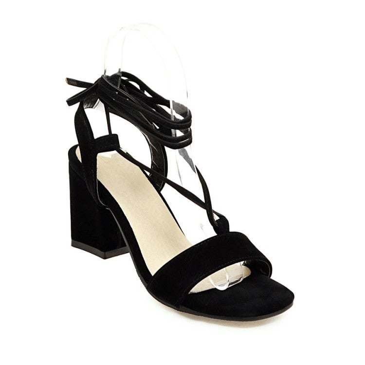 Woman Suede Square Toe Ankle Strap Block Heel Sandals