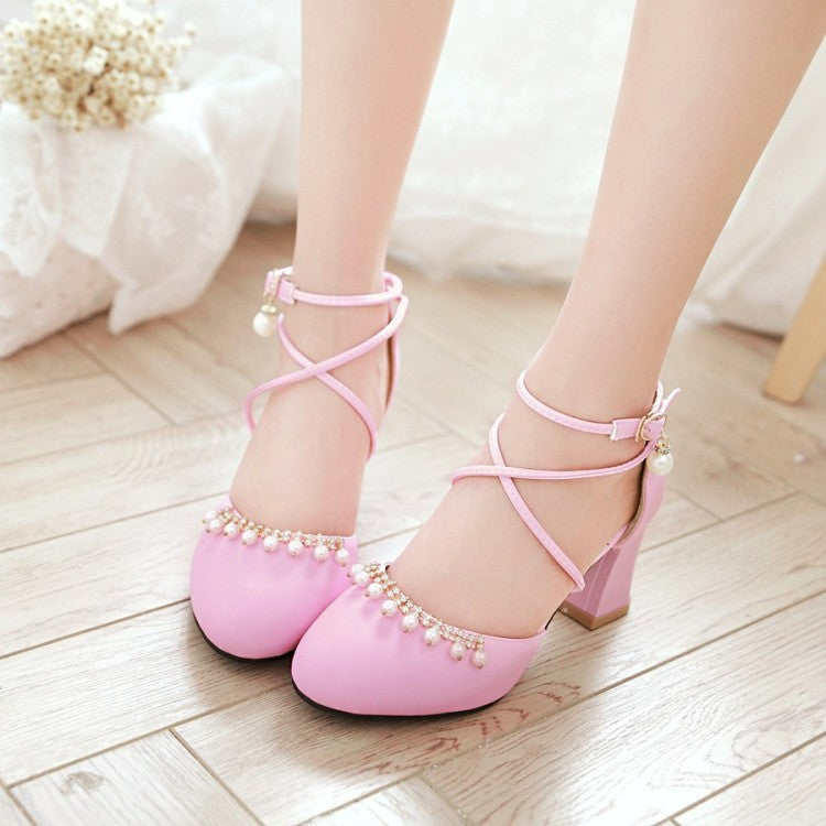 Women Pearls Ankle Wrap High Heels Block Heel Sandals