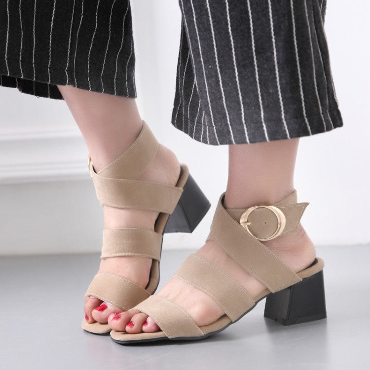 Women Solid Color Suede Cross Strap Metal Buckle Block Heel Sandals