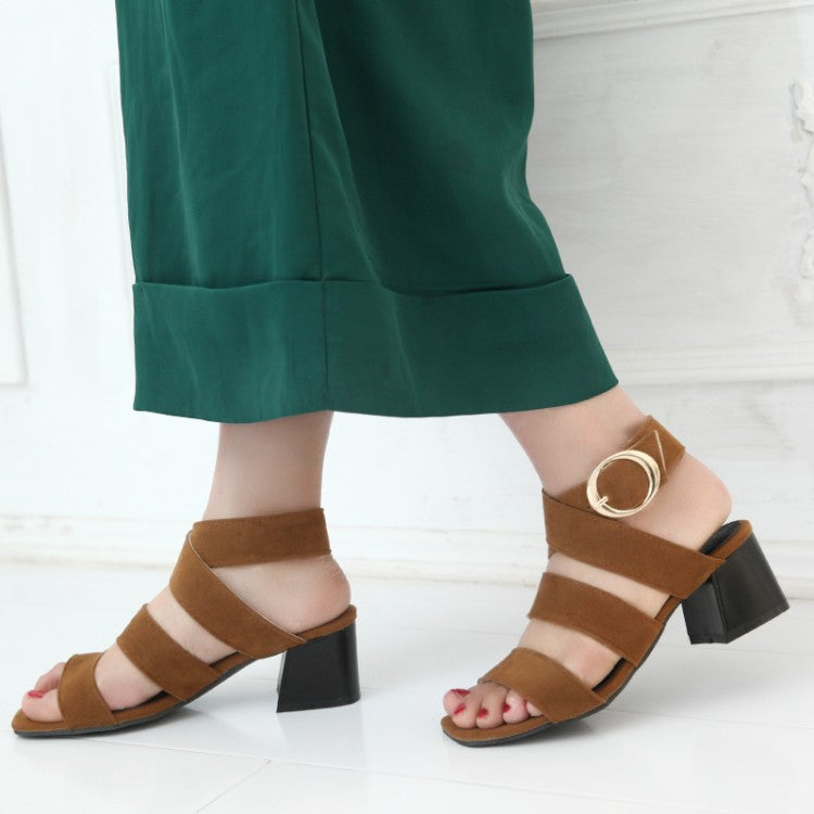 Women Solid Color Suede Cross Strap Metal Buckle Block Heel Sandals
