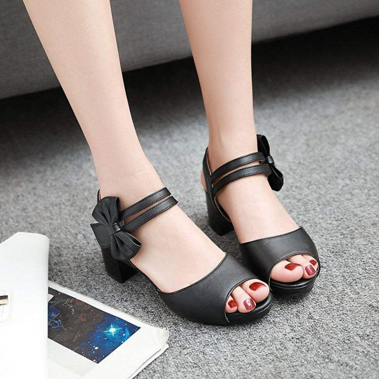Women Solid Color Double Ankle Strap Butterfly Knot Block Heels Sandals