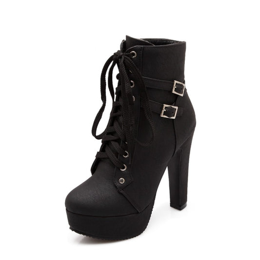 Women Frosted Pu Leather Tied Belts Buckles Chunky Heel Platform Short Boots