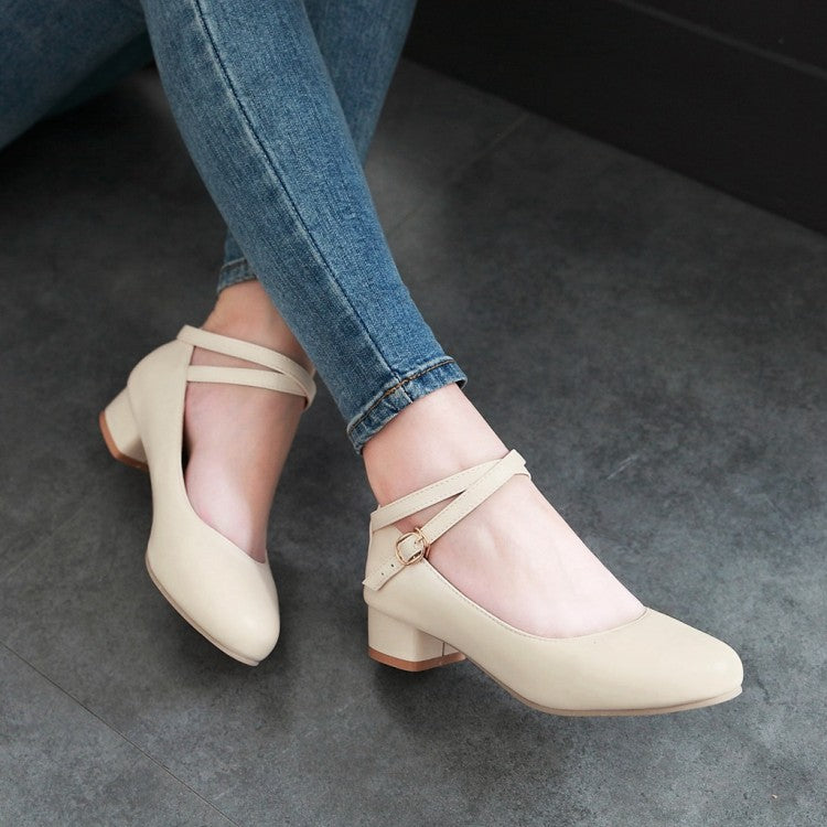Women Ankle Strap Chunky Pumps Low Heels Shoes