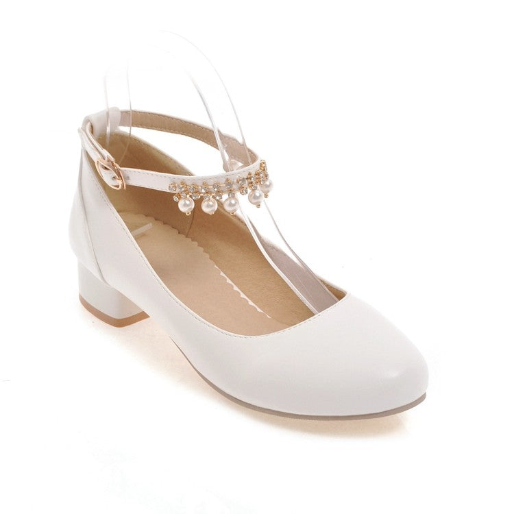 Women Ankle Strap Pearl Chunky Heels Pumps Shoes