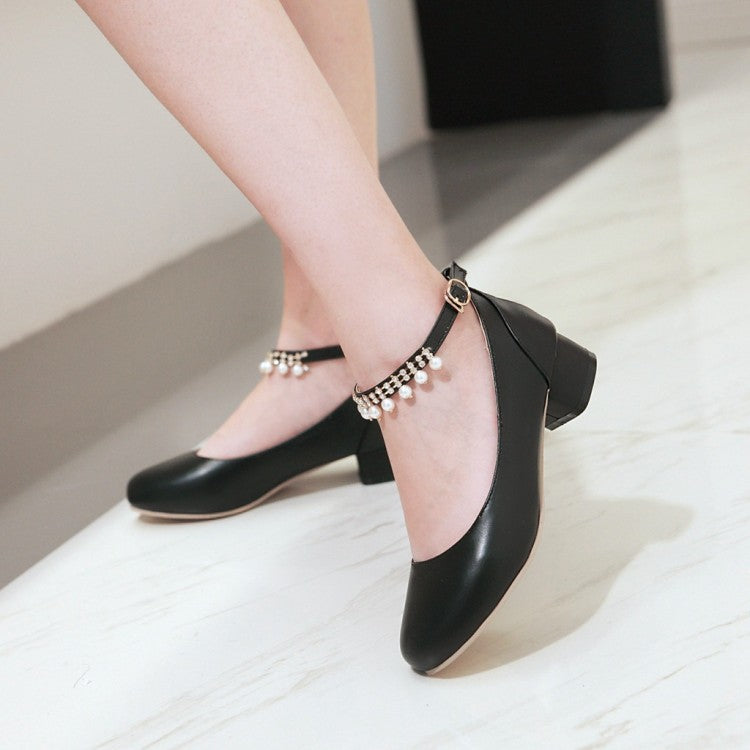 Women Ankle Strap Pearl Chunky Heels Pumps Shoes