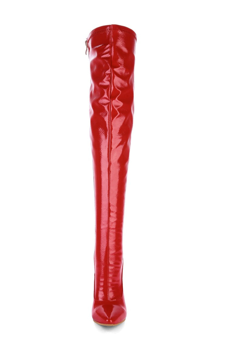 Woman Patent Leather Pointed Toe Stitching Side Zippers Stiletto Heel Over the Knee Boots