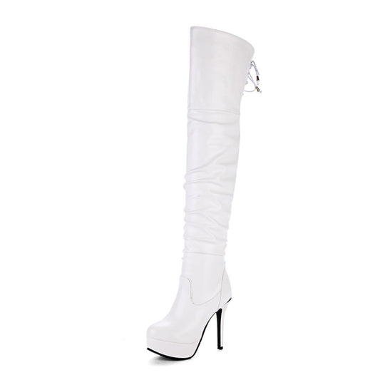 Woman Pu Leather Pleated Stiletto Heel Platform Over the Knee Boots