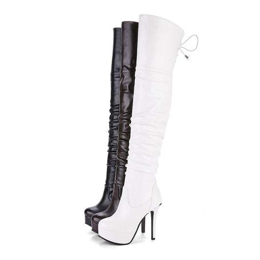 Woman Pu Leather Pleated Stiletto Heel Platform Over the Knee Boots