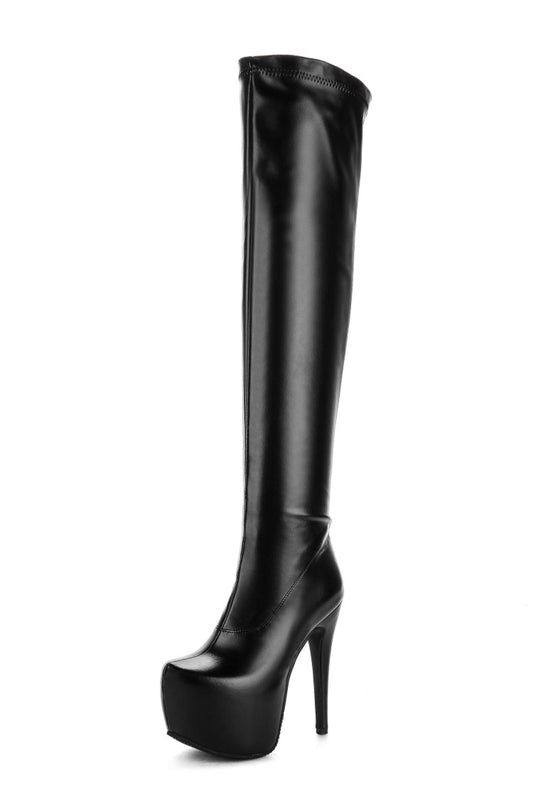 Woman Pu Leather Round Toe Over the Knee Stiletto Heel Platform Tall Boots