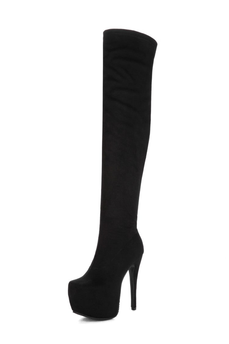 Woman Pu Leather Round Toe Over the Knee Stiletto Heel Platform Tall Boots