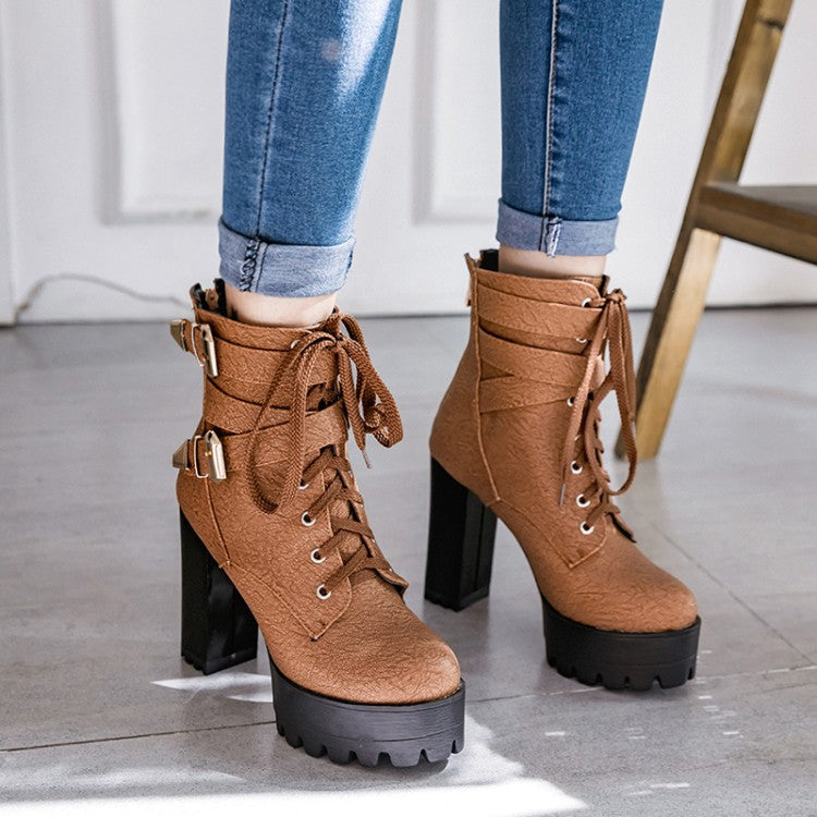 Women Frosted Pu Leather Round Toe Tied Belts Buckles Block Heel Platform Short Boots