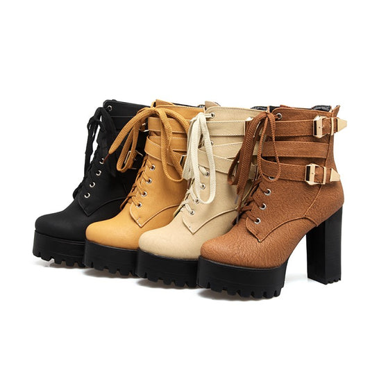 Women Frosted Pu Leather Round Toe Tied Belts Buckles Block Heel Platform Short Boots