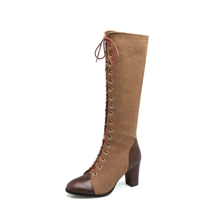 Woman Pu Leather Suede Patchwork Lace Up Block Heel Knee High Boots