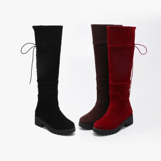 Women Suede Round Toe Back Tied Lace Up Block Heel Knee High Boots