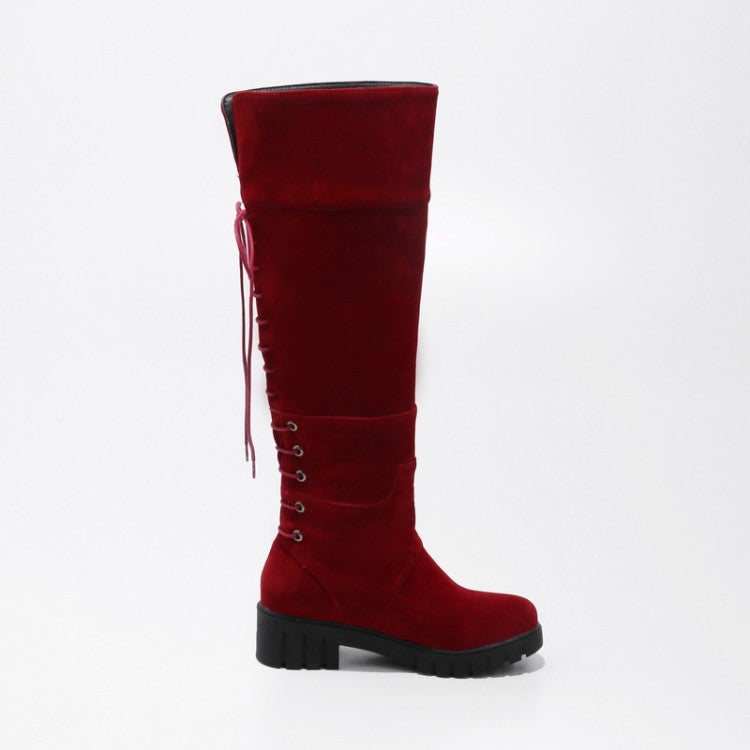 Women Suede Round Toe Back Tied Lace Up Block Heel Knee High Boots