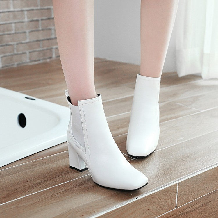 Woman Square Toe Stitching Patchwork Block Heel Short Boots