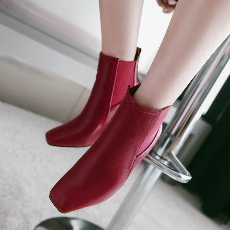 Woman Square Toe Stitching Patchwork Block Heel Short Boots