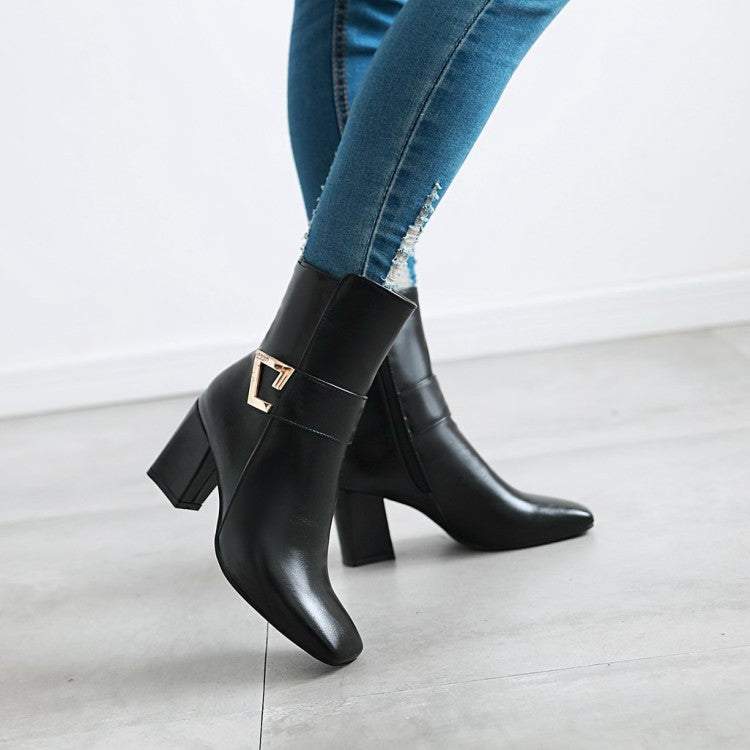 Woman Pu Leather Square Toe Belts Buckles Block Heel Short Boots