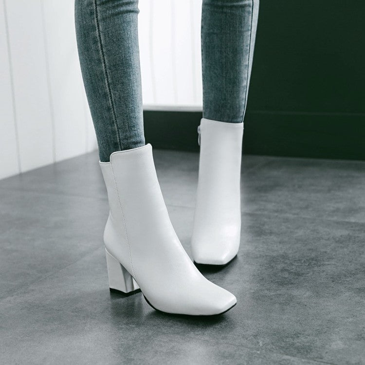 Woman Pu Leather Square Toe Zip Block Heel Short Boots