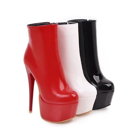 Women Pu Leather Round Toe Side Zippers Stiletto Heel Platform Short Boots